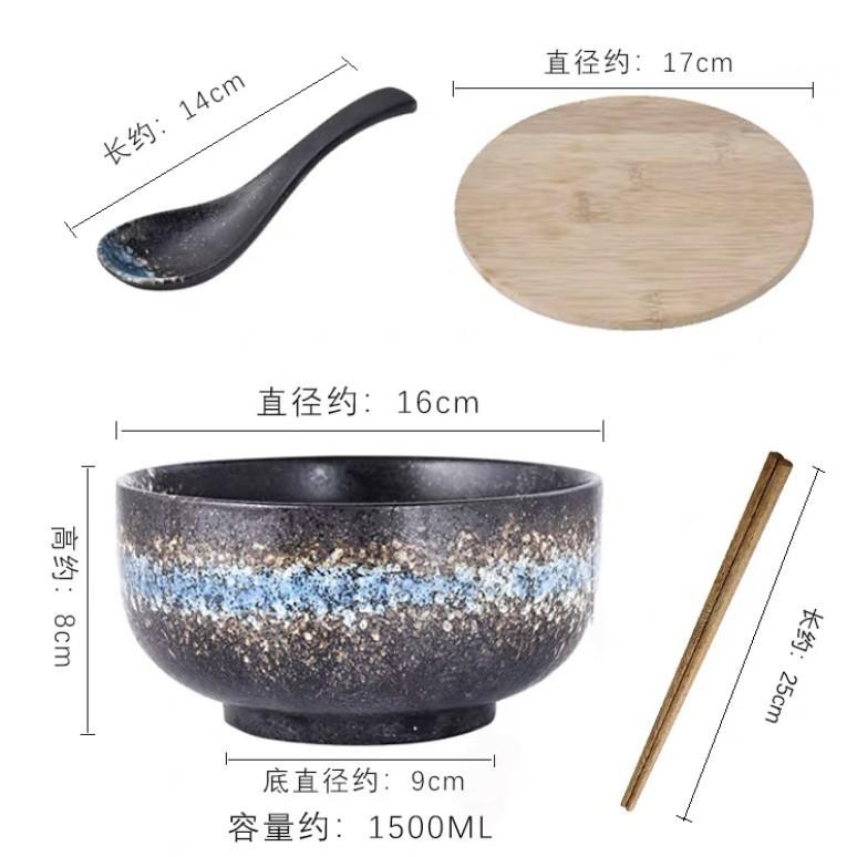 Japanese Ramen Bowl Set Black Ceramic Tableware Instant Noodle Bowl With Lid Superbowl