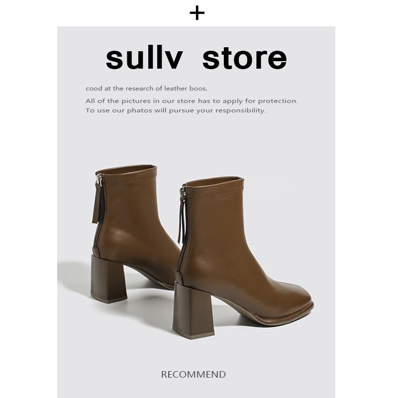 

Leather thick heel short boots women s autumn and winter new thin boots square high heel Martin boots thin boots 39