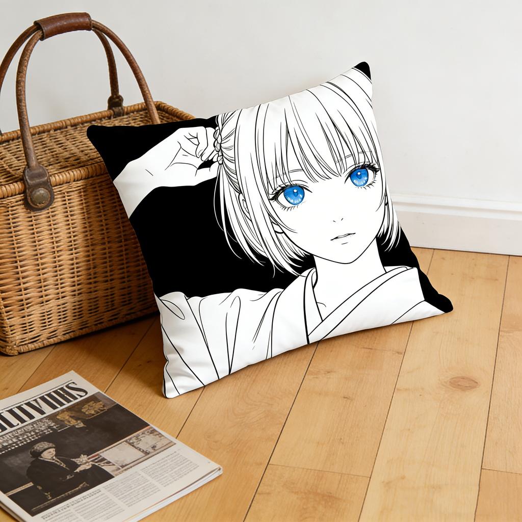 Soft Skin Friendly Anime Girl Cushion Cover Black White Line Art Double Sided Print For Home Decor Polyester Fabric Comfortable