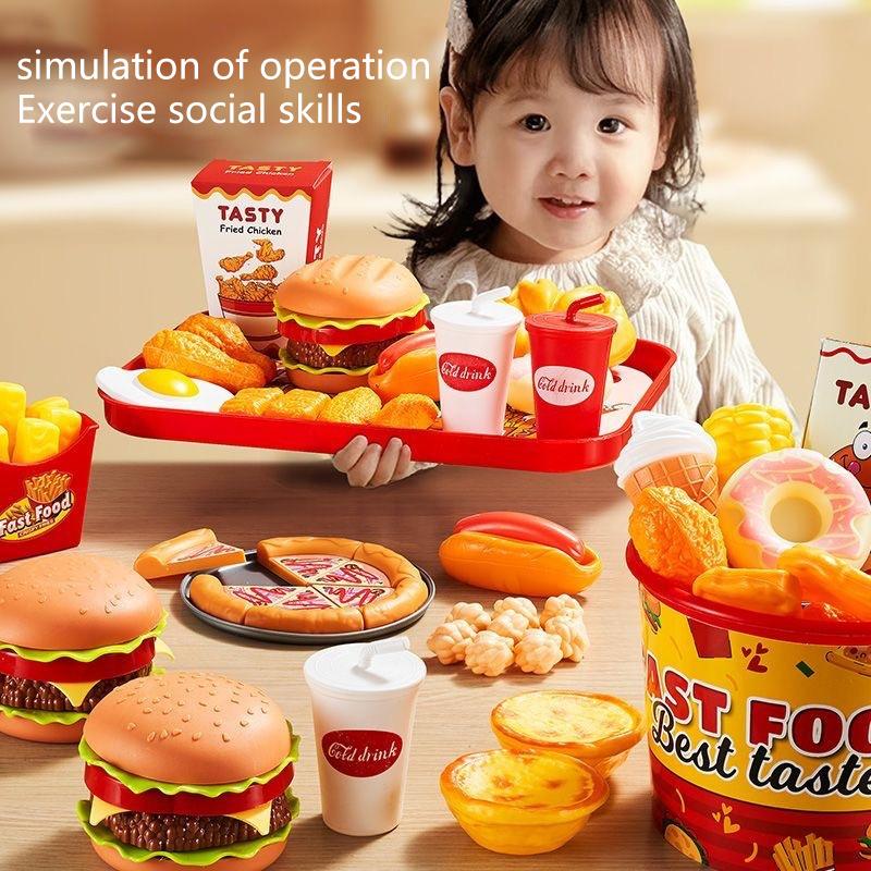 42Pcs Simulation Make Hamburger Fries Pretend Play Food Cooking Game Kid Kitchen Toy Set Montessori Interactive Prop Gift