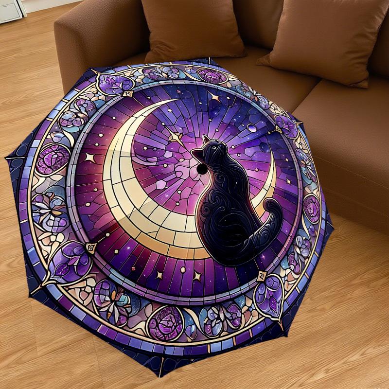 1PC stained glass window moon cat Umbrella-8-Rib Reinforced, Automatic Open, Lightweight & Durable, Cute Fashion Accessory for Outdoor-W9235