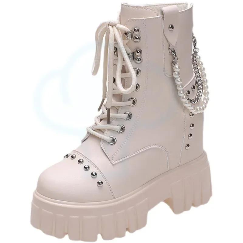 

Модная женская обувь на высокой платформе, мотоциклетные ботинки, зимние ботинки до середины икры на клиновидном каблуке 10 см, женские массивные кроссовки, осенняя кожаная обувь для женщин 39 бежевый