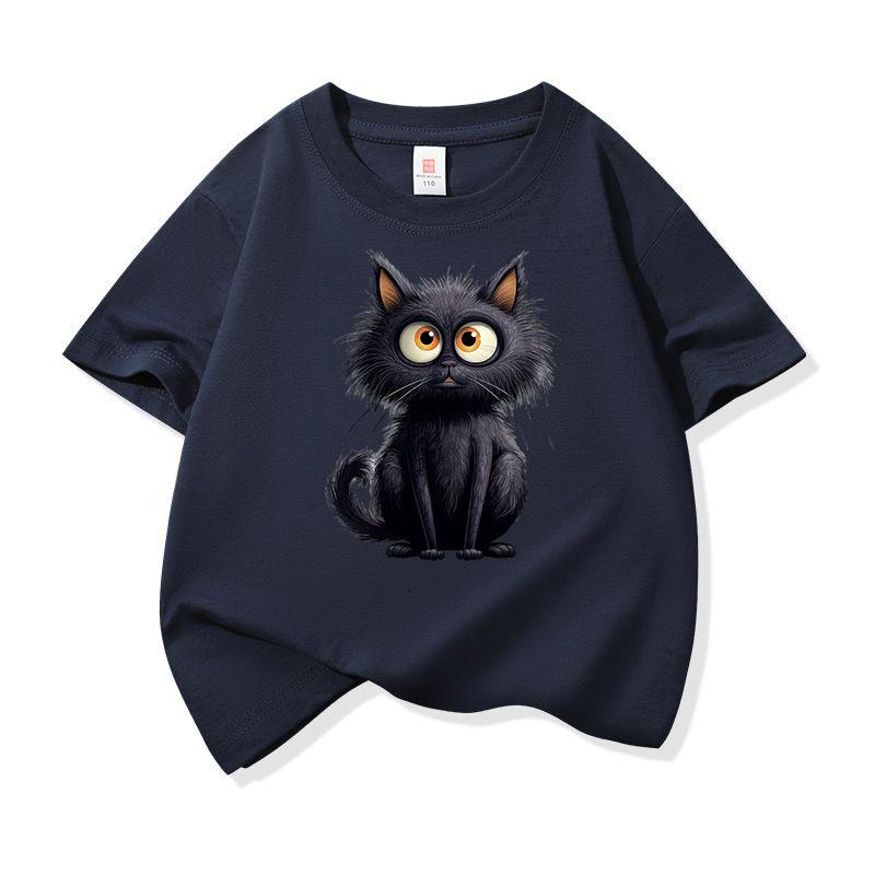 Cute Black Cat Graphic Tee Kids 100 Cotton Crew Neck Casual Breathable T Shirt Short Sleeve Muticolor Tops For Sweet Girls Boys