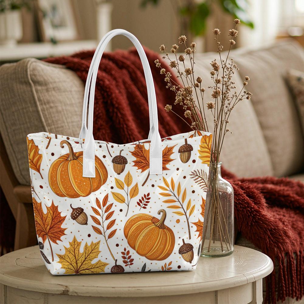Fall Themed Pumpkin Maple Leaf Tote Bag Large Casual Shoulder Handbag for Daily Use