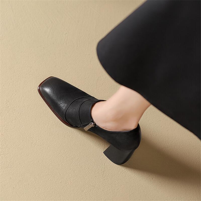 Fashion Autumn Cow Leather Women Pumps Fashion High Heels Square Toe Shoes for Women Thick Heel Side Zipper Women Loafers Zapatos Mujer