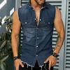 Revers Ärmellose Weste Jacke Einreiher Pattentaschen Quaste Herren Sommer Einfarbig Denim