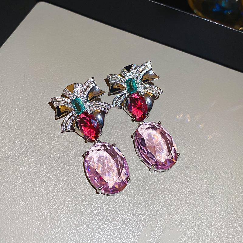 French Court Style Silver Needle Zircon Rectangular Earrings Exquisite Light Luxury High-end Stud Earrings Exaggerated Earrings Women