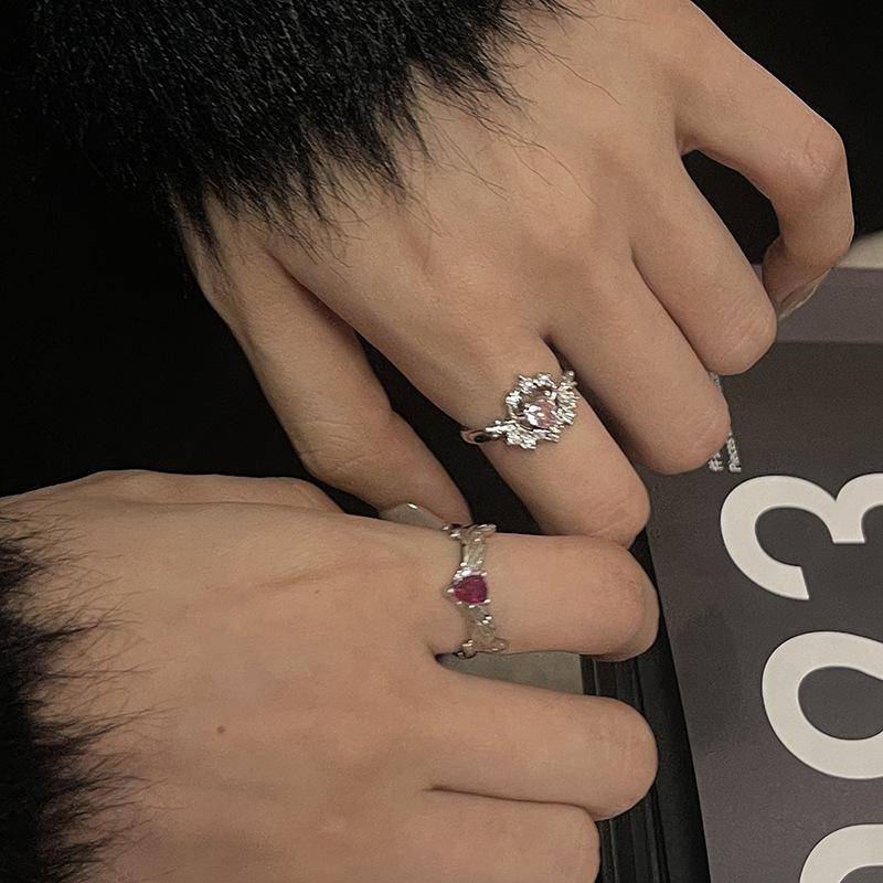French Princess Style Light Luxury High-End Open Ring Stacked With Niche Design Pink Zircon Personalized Fashion Ring