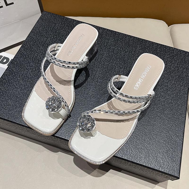 Two sandals for women to wear 2025 new summer fashion rhinestone toe fairy wind thick high heel crystal cool slippers