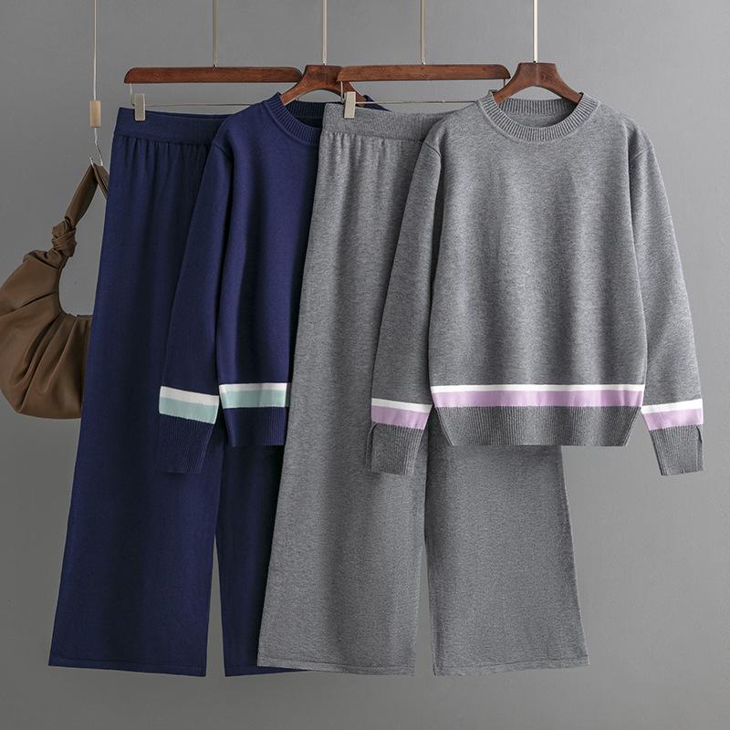 Autumn and Winter New Contrasting Color Knitted Wide-leg Pants with Loose and Thin Striped Knitted Two-piece Suit for Women