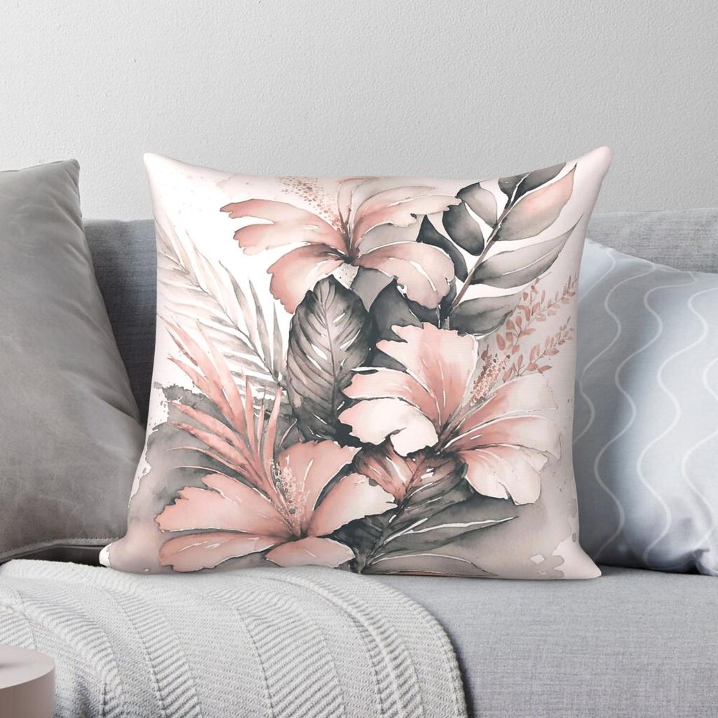 Grey Pink Exotic Flowers Square Pillowcase Polyester Linen Velvet Creative Zip Decor Home