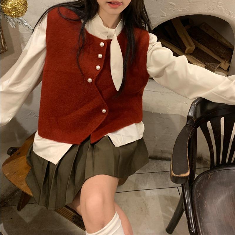 Designed irregular button sweater vest women's winter sleeveless layered solid color sweater vest top