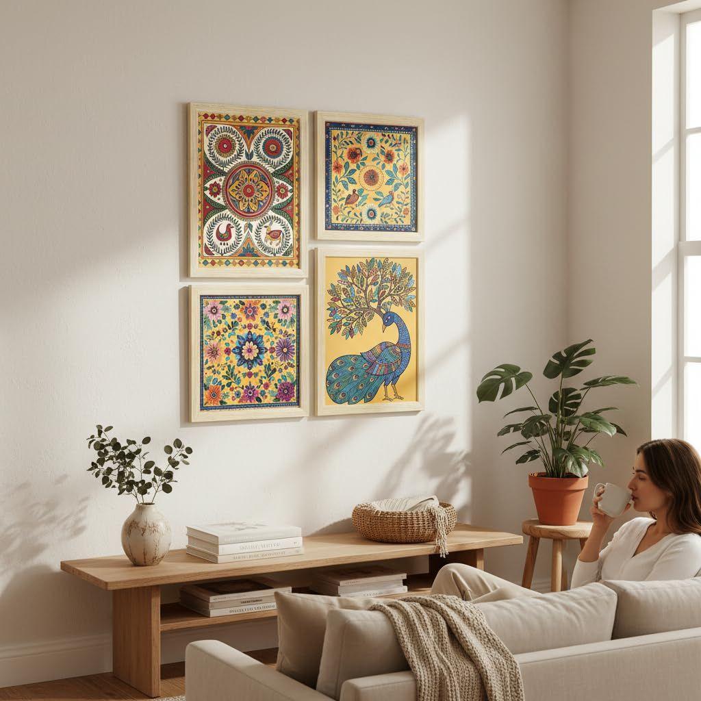 ArtX Paper Madhubani Art Paintings with Frame for Home Decor, Wall Painting for Living Room,