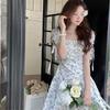 Summer new healing blue floral bubble sleeve dress short sleeve French square collar thin short skirt casual