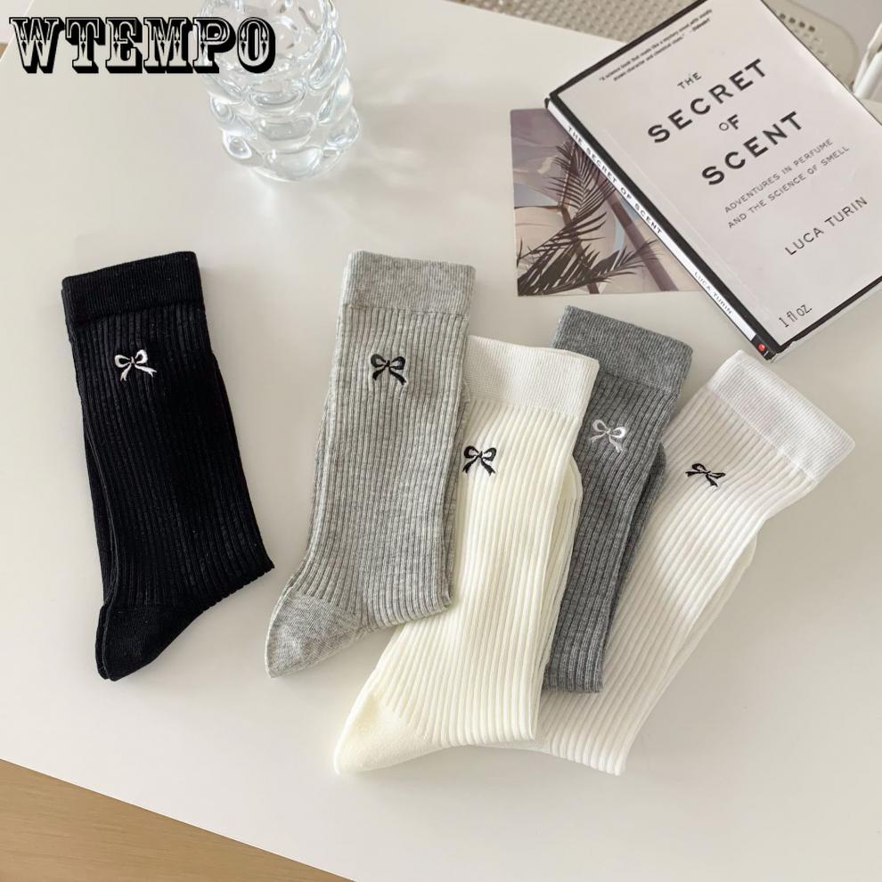 5pcs White Bow Socks Women Ballet Style Mid-calf Socks Summer Thin Stockings Cotton Stacked Socks