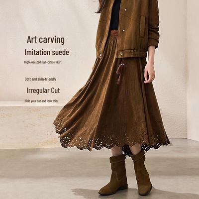 Elegant Embossed Suede-Look Asymmetrical Midi Skirt