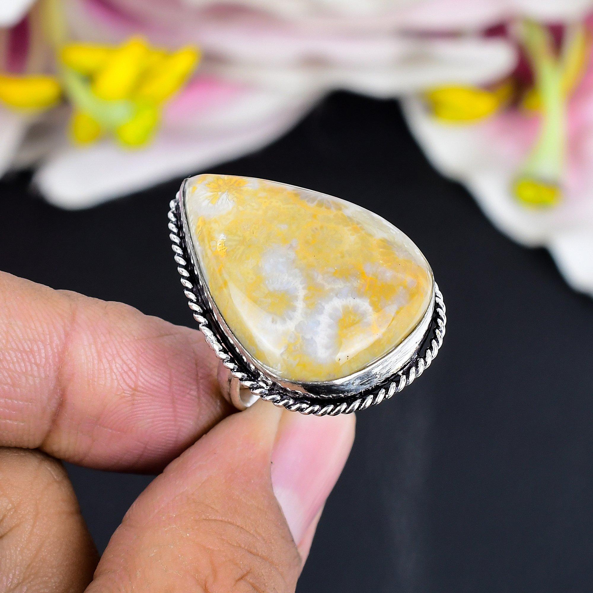 

Fossil Coral Gemstone Handmade 925 Sterling Silver Jewelry Ring Size 7 KG-1713