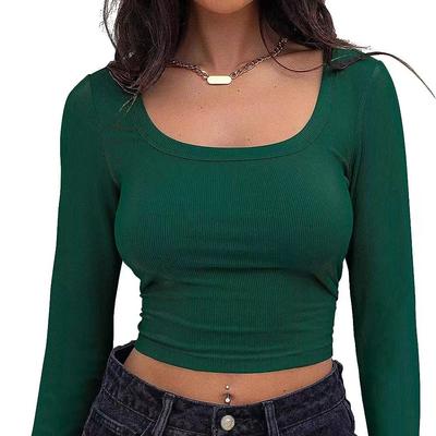 Gola quadrada manga longa casual mulheres t camisas verde outono magro sexy sólido básico colheita topos moda streetwear