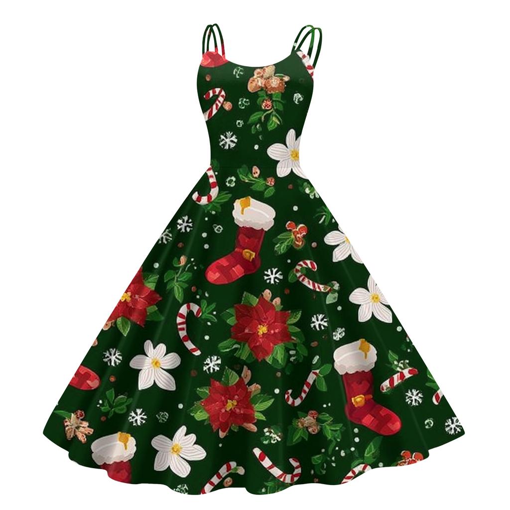 Women's Fashion Casual Christmas Print Sexy Off-the-shoulder Punk Retro Dress