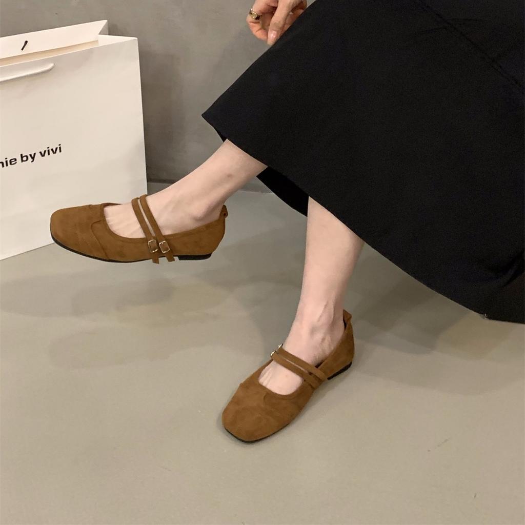 Flat-bottomed retro suede Mary Jane single shoes women's shoes 2025 new spring and autumn soft-soled commuting ladyshoes