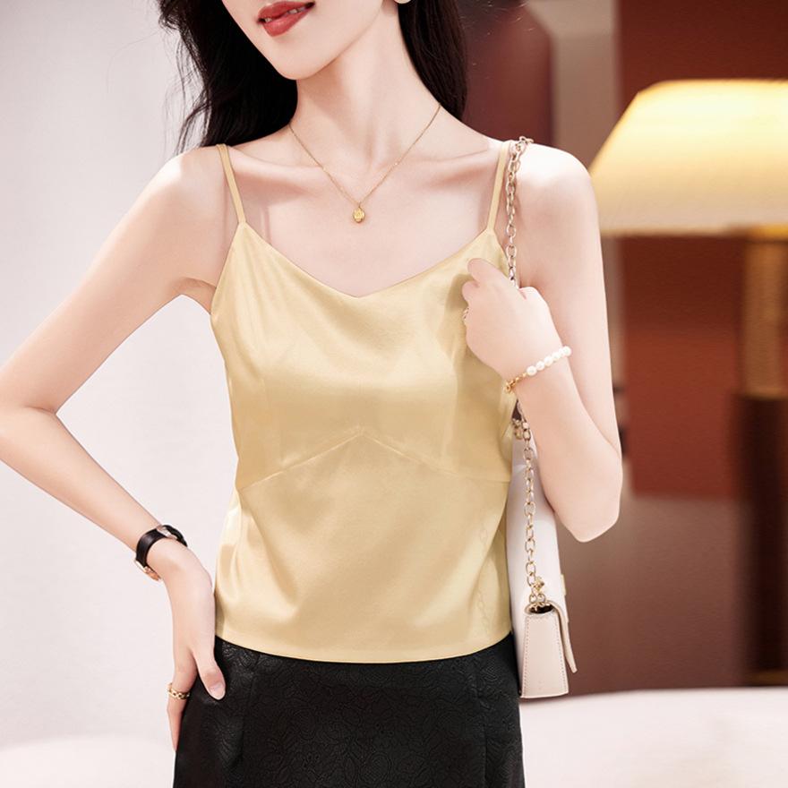 

Атласный шелковый топ на бретелях, женский летний новый, из шелка-тутового шелкопряда, внутренний с V-образным вырезом, однотонная базовая майка 3XL