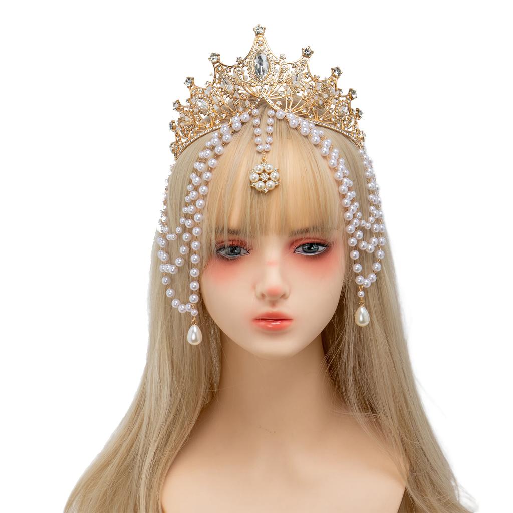 Handmade Lolita Multilayer Pearl Tassels Crown Sun Goddess Virgin Mary Hair Accessory Gorgeous Wedding Princess Bride Headdress