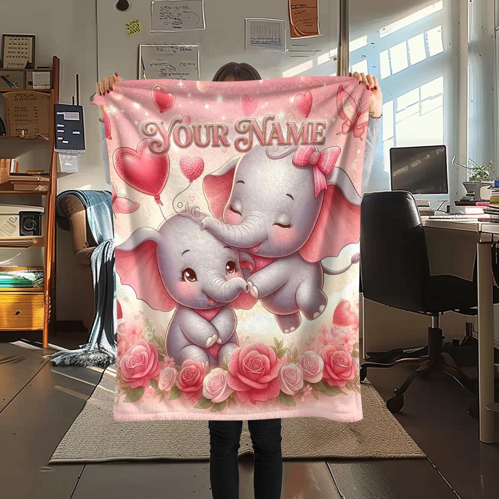 1PC Custom Name Moonlit Elephant Dreams Patterned Flannel Blanket Suitable For All Seasons for Home Decor Warmth and Comfort Gifts Holiday Present_lx