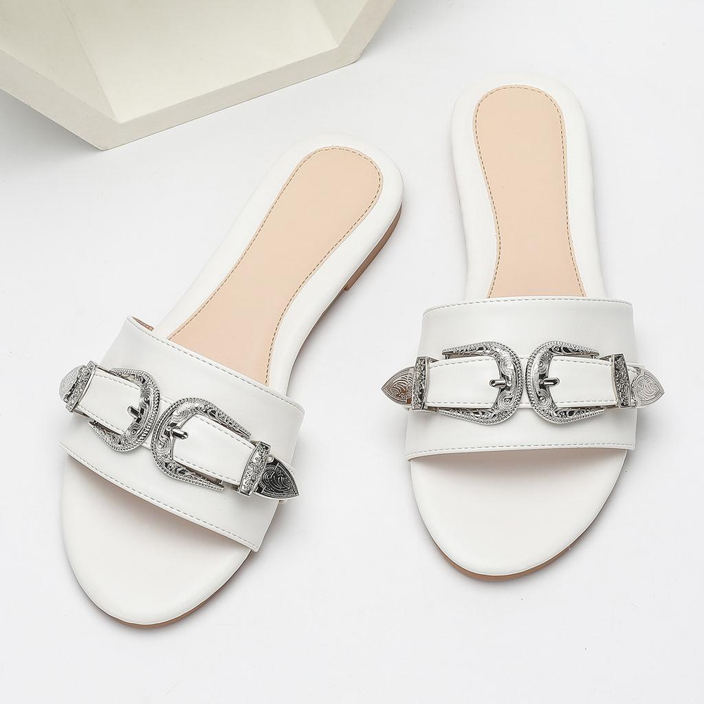 New Luxury Women's Flat Slippers Metal Accessories Fashionable and Comfortable Square Head Anti slip Exquisite Women's Slippers