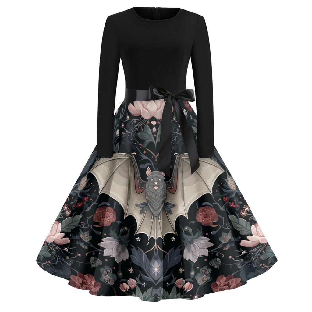 Women's Casual Fashion Round Neck Halloween Printed Vintage Dress