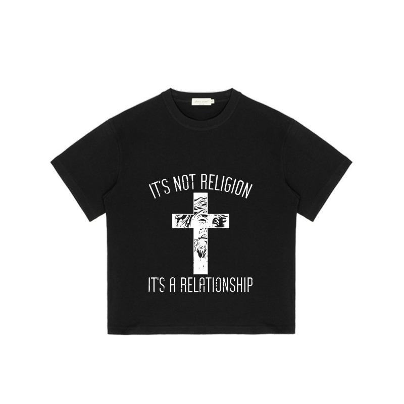 Černé tričko s křížem a textem Není to náboženství, je to vztah pro běžné nošení