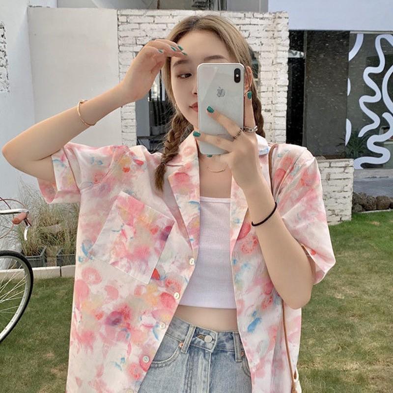 Ladies Summer Bohe Shirt - Oversized Short Sleeve Button Down Colored Drawing Printed Top for Casual Layering