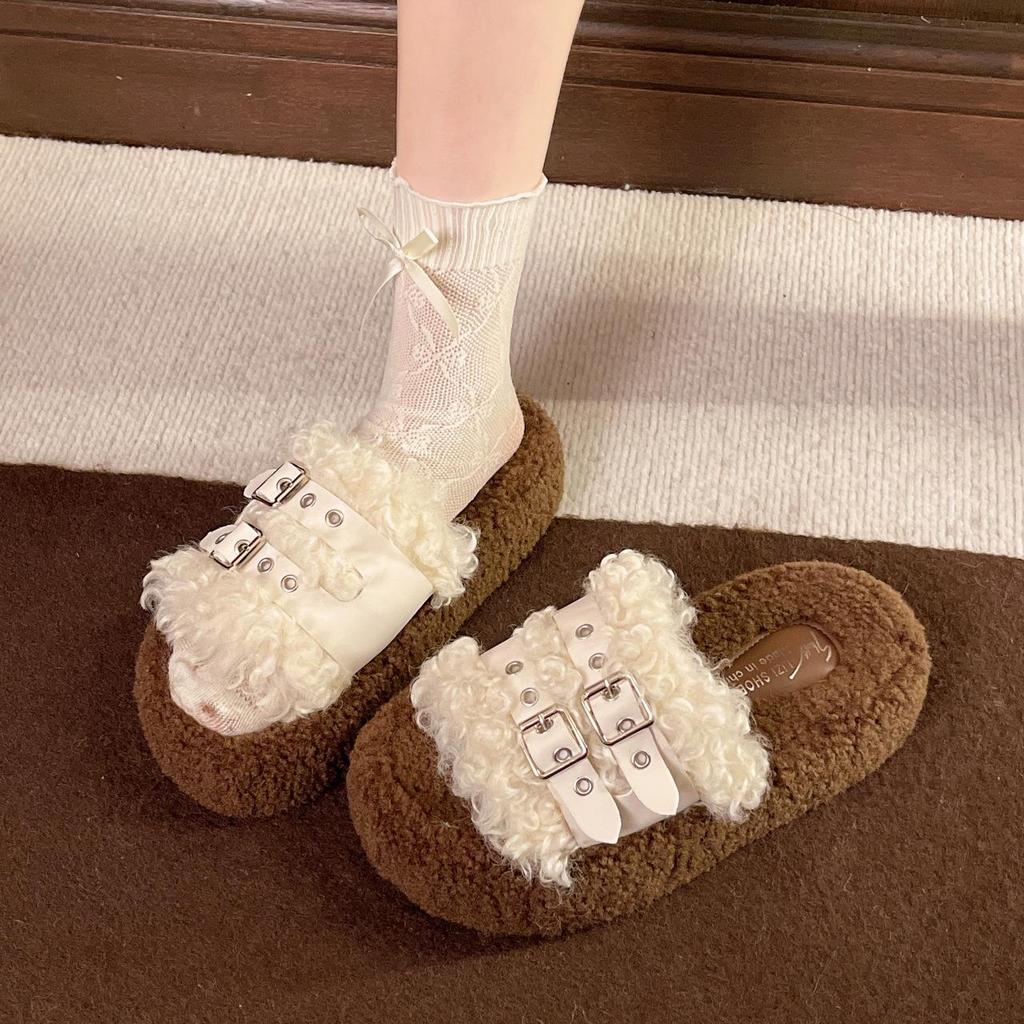 2025 Autumn/Winter Women's Furry Thick Sole Warm Slippers with One Strap and Belt Buckle