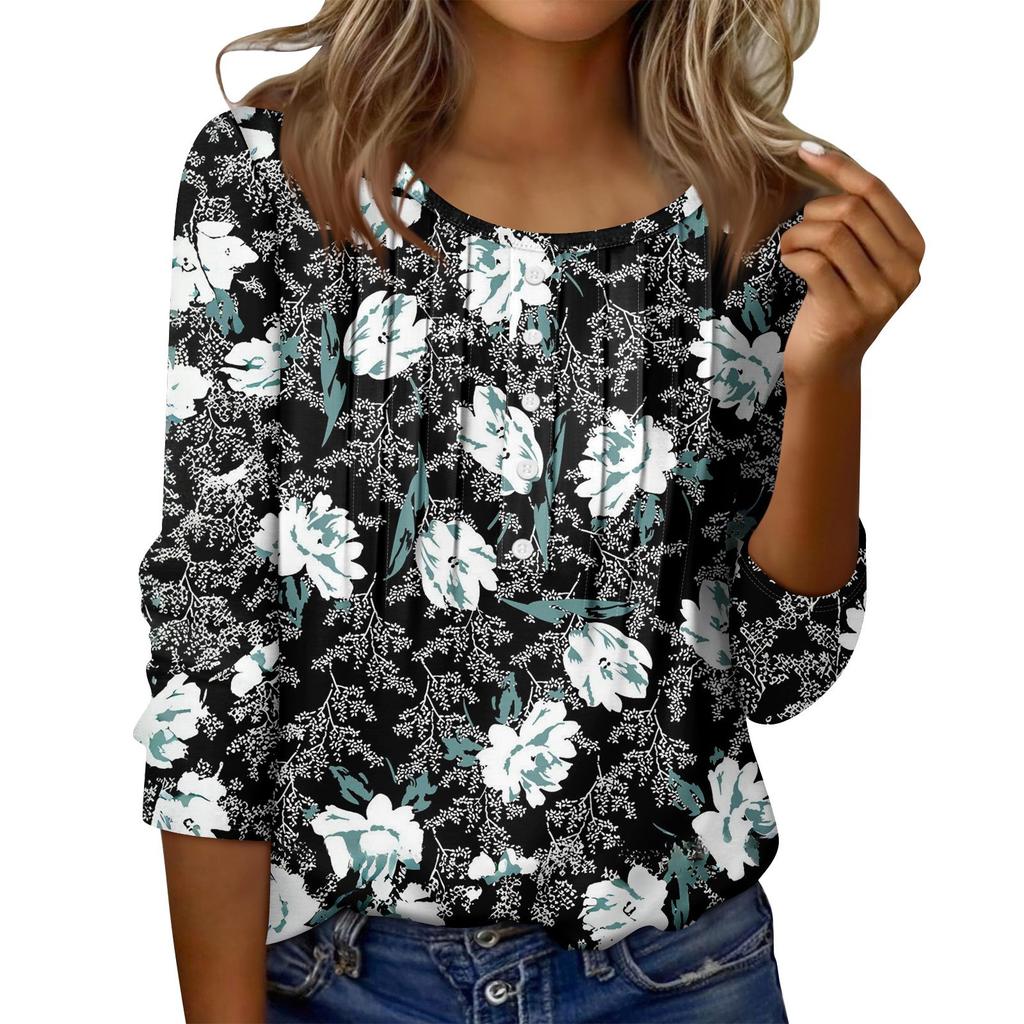 Women's Round Neck Pull Stripe Decorative Button Top Casual Solid Color 3/4 Sleeve T Shirt