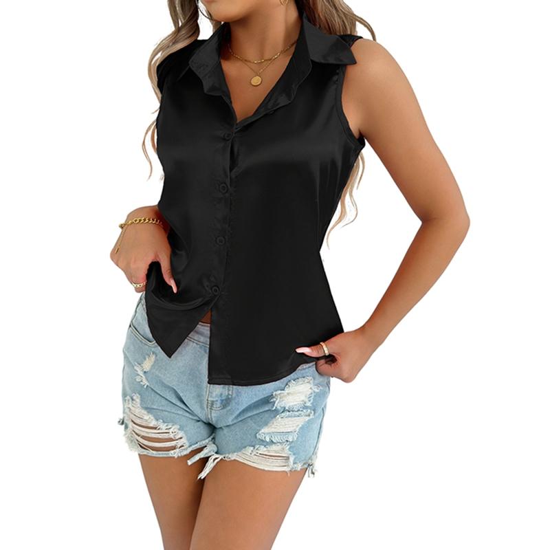 Women s Satin Sleeveless Shirt Button Cardigan Top XXL