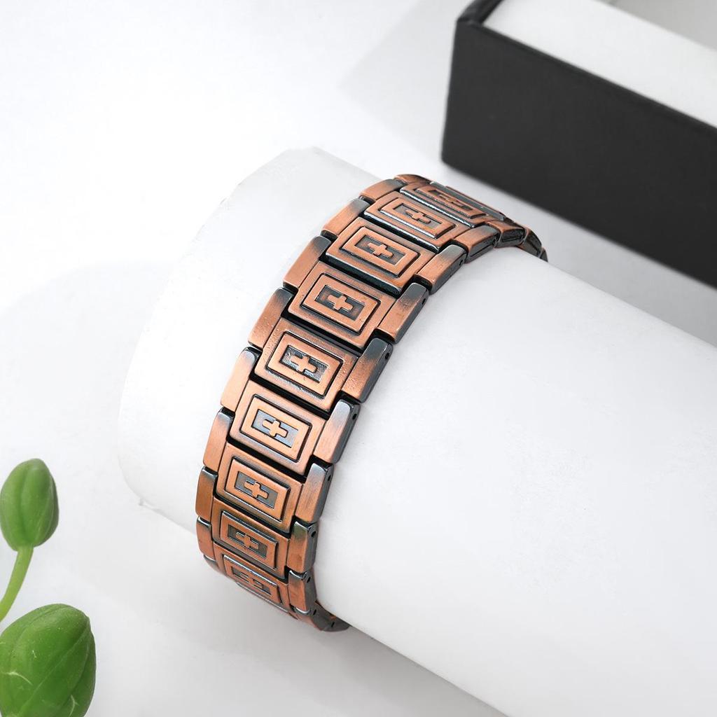 Cross Explosion: Ancient Red Copper Shield Magnet Bracelet with Wide Watch Strap Buckle for Men.