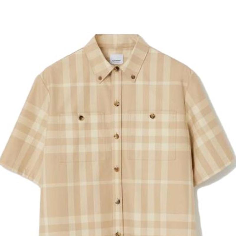 Burberry SS23 Check Stripe Single-Breasted Collar Short Sleeve Shirt Beige 80685821