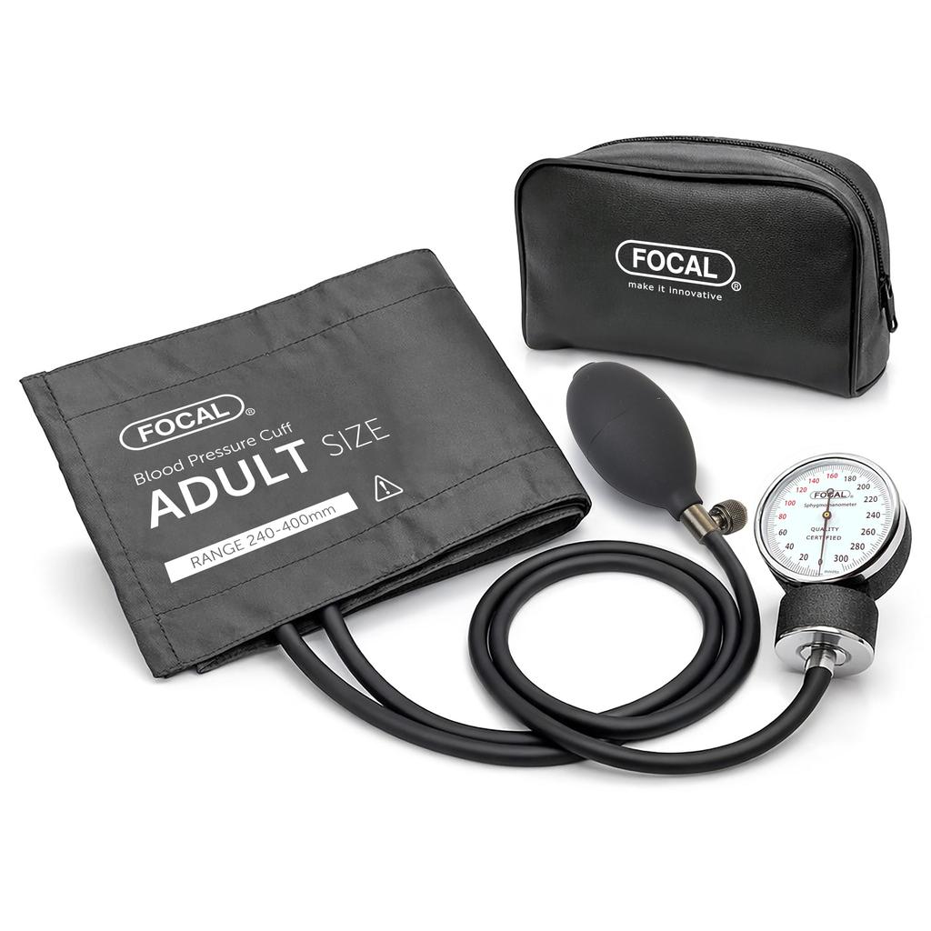 FOCAL Japanese-made Aneroid Sphygmomanometer with Carrying Case, Easy-Release Valve, Latex-Free Nylon Cuff, Dark Gray (FC-100V)