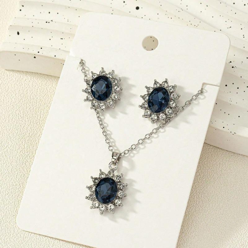 Set of Jewelry, Sunflower Zircon Stud Earrings, Princess Kate s Same Tanzanite Sapphire Necklace Pendant. синий
