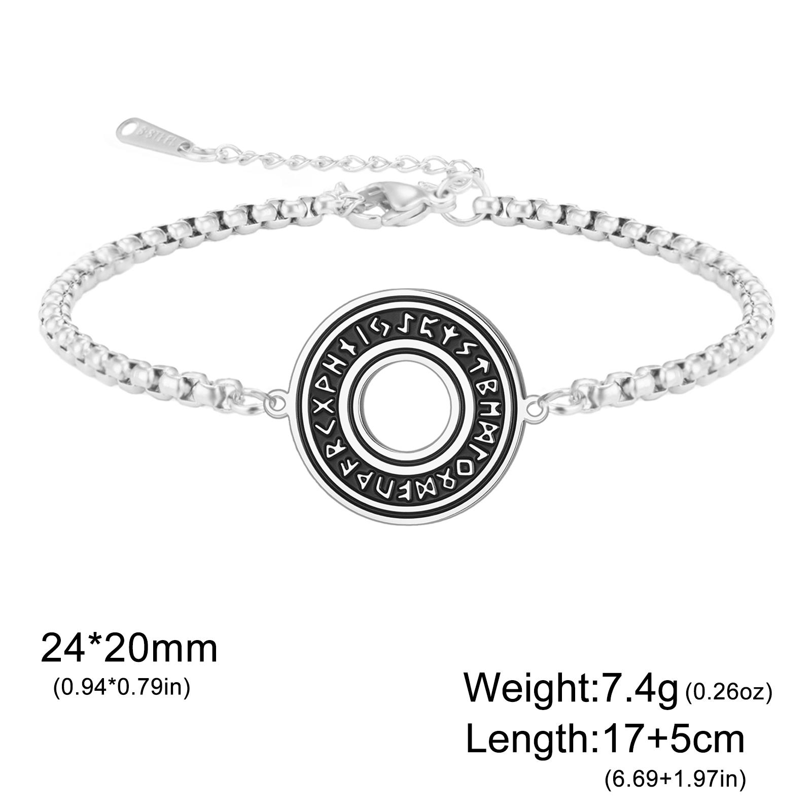 Viking Runes Bracelet Stainless Steel Norse Runic Alphabet Hollow Pendant Cuban Link Bracelet for Men Women 17cm