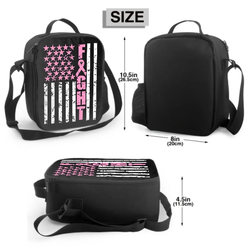 Breast Cancer Awareness Flag Lunch Bag with Adjustable Shoulder Strap Insulated Lunch Box Cooler Thermal Tote Bag for Women