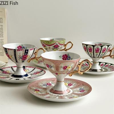Kaffeetasse im Palaststil mit hohen Füßen, kreative Keramiktasse, Paar-Nachmittagstee, Latte-Kaffeetasse, Trinkset, Retro-Wassertasse für Zuhause