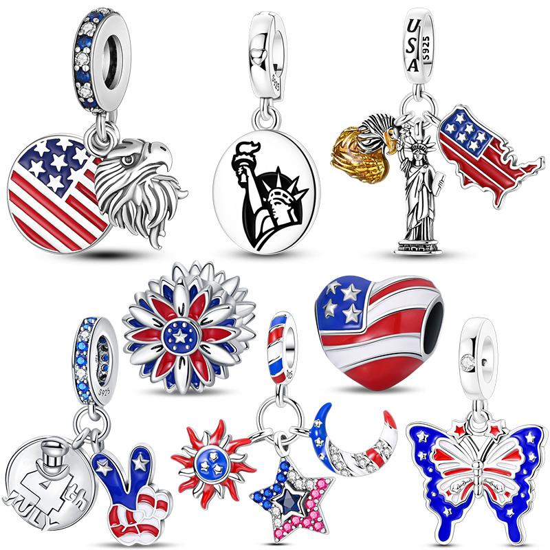 Original 925 Sterling Silver Charms Bead American Flag Independence Day Pendant Fit Original Bracelet For Women DIY Jewelry Gift