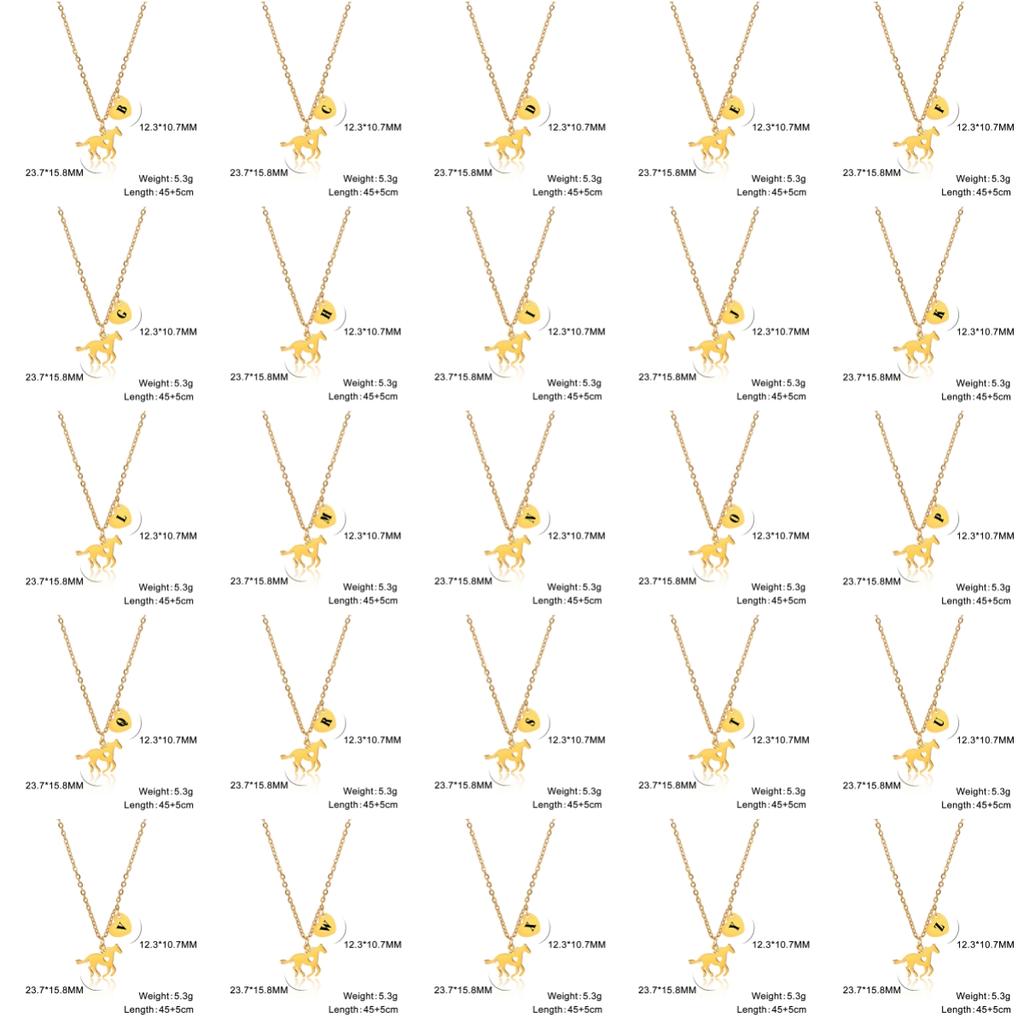 Stainless Steel A-Z Letter Necklace Animal Horse Initials Heart-shaped Pendant Necklace Party Jewelry
