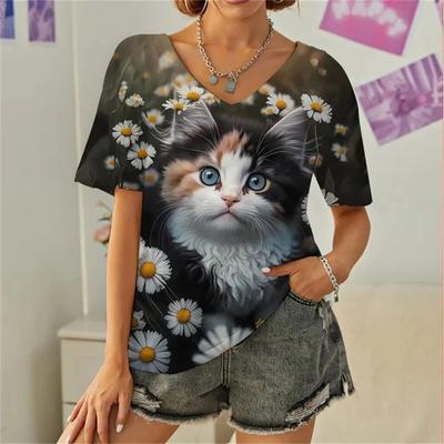 T-shirt da Donna Estate Gatto Carino Fiore Stampa 3D Top Casual Moda Streetwear Manica Corta Scollo a V T-shirt Harajuku Top Magliette