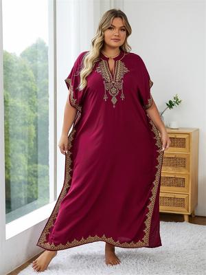 Tiefrotes Damenkleid, Kaftan, goldbesticktes Gewand, langes Kleid, Übergröße, Kaftan, schicke Homewear, Badeanzug, leichte Jacke, Q1545