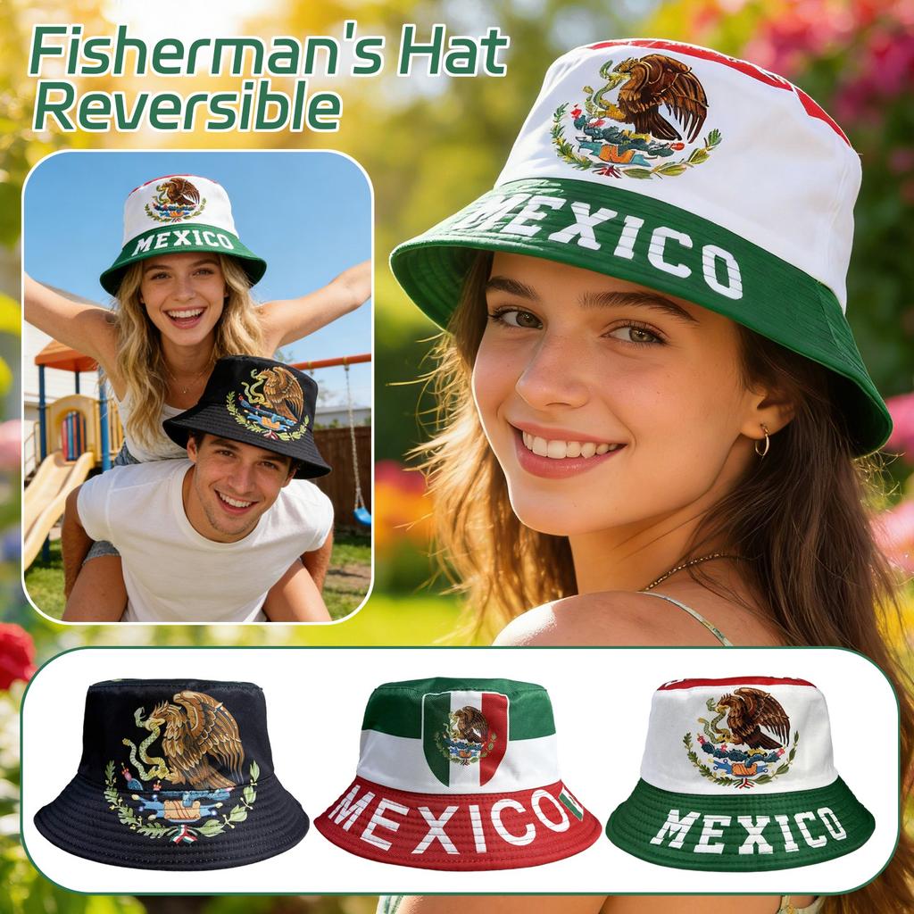 Mexico Flag Hat,Double Sided Bucket Hat Men Women, Polyester UV Protections,Soccer Fan Gear,Festival Souvenir