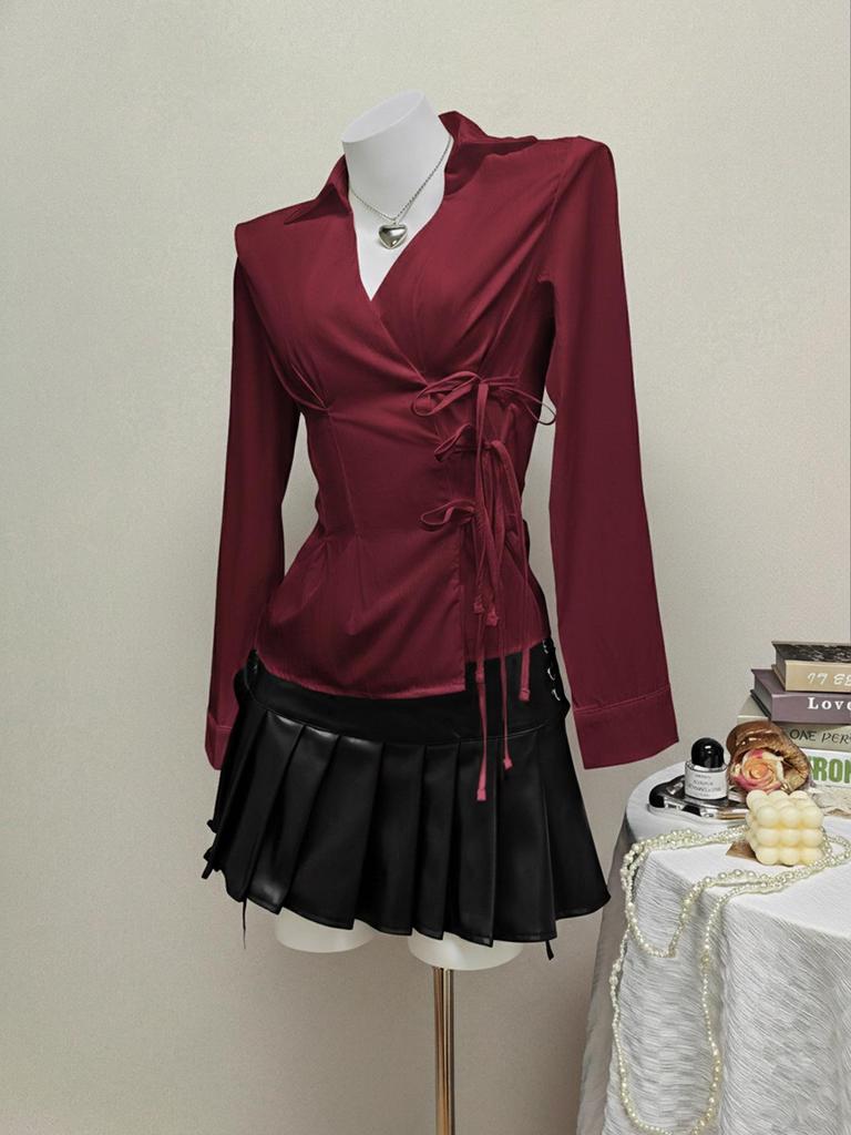 In Stock - European & American Casual Waist-Cinching Solid Color Women's Shirt