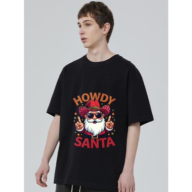 Crew Neck T Shirt Black Howdy Santa Cowboy Santa with Sunglasses and Hat Christmas Holiday Party Wear