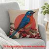 2D Flat Printing, 1pc, Eastern Bluebird Perched On Berry Branch with Red Sun Background, Pillow Cover, Polyester, Modern Home Decor: Decorative Covers