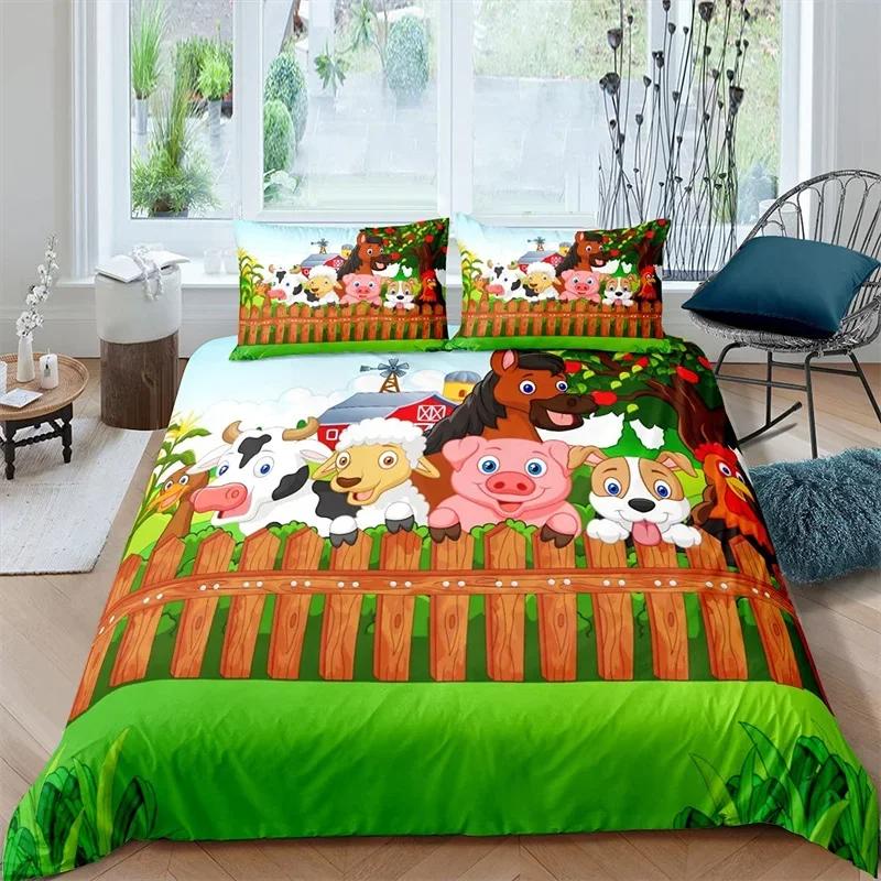 Farm Animal Duvet Cover Kawaii Pig Bedding Set Polyester Pigs Floral Comforter Cover Twin King For Teen Boy Girl Gift Room Decor
